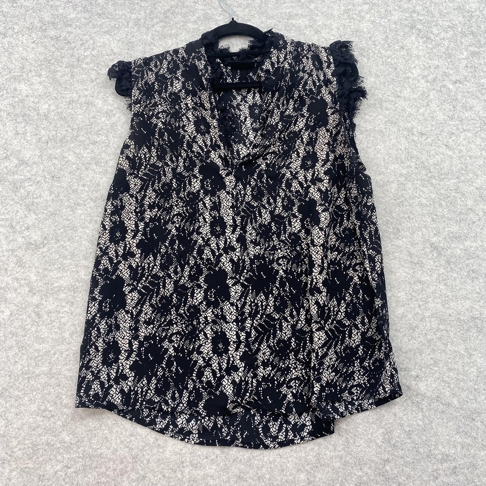 Who What Wear Top Womens M Black Floral Ruffle High Neck Sleeveless Blouse